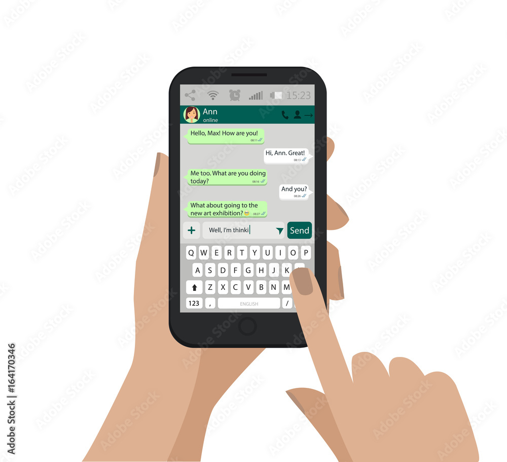 Hand holding smartphone, touching screen and write message in social network. Vector. Hand holding smartphone, touching screen and write message in social network. Vector.