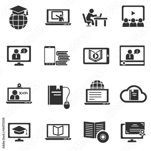 Distance learning. Monochrome icons. Online education