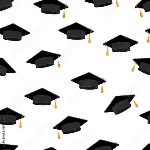 Graduation hats. Seamless pattern. White background. Vector
