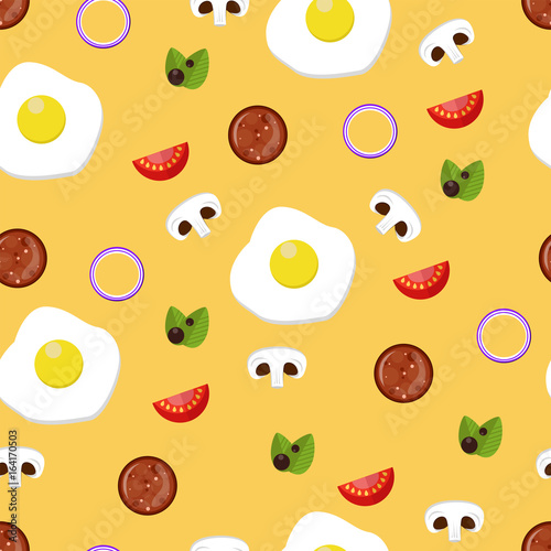 Fototapeta Naklejka Na Ścianę i Meble -  Eggs, tomato, mushrooms, salami. Vector illustration. Seamless pattern.