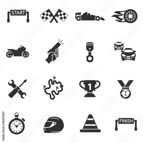 Sports racing. Competition on cars and motorcycles. Monochrome icons.