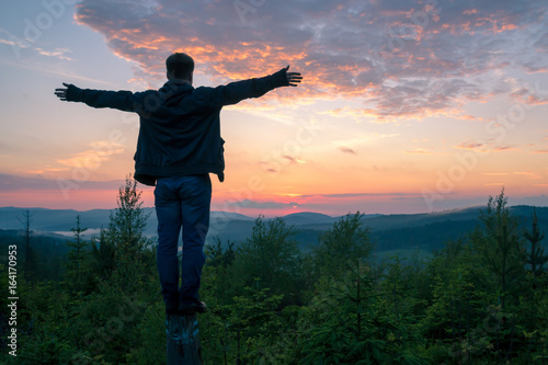A young guy stands on a log, looks from a height to the mountains with his arms outstretched