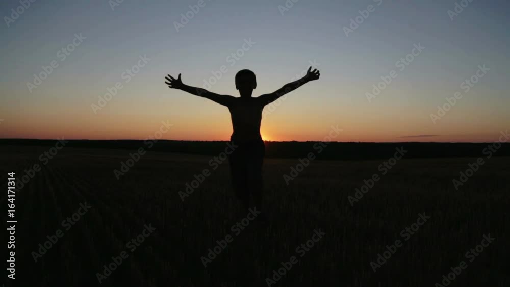 The boy at sunset does exercises running around the field. The child at the sunset of the day in the field runs and does exercises.
The boy at sunset does exercises running around the field. The child at the sunset of the day in the field runs and does exercises.
