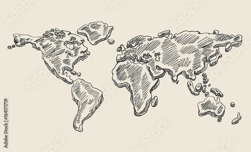 Hand drawing doodle world map. Vintage earth vector sketch