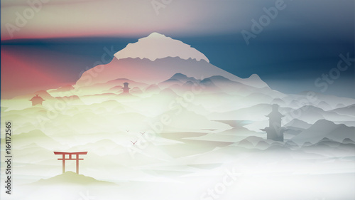 Japanese Landscape Background with Mountains and Arch Sunset with Fog  - Vector Illustration