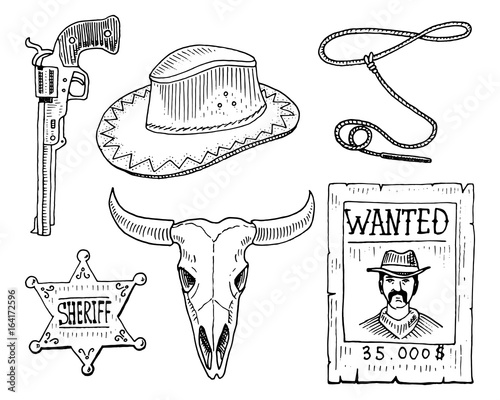 Wild west, rodeo show, cowboy or indians with lasso. hat and gun, cactus with horseshoe, sheriff star and bison, bull skull and wanted poster. engraved hand drawn in old sketch and vintage style.