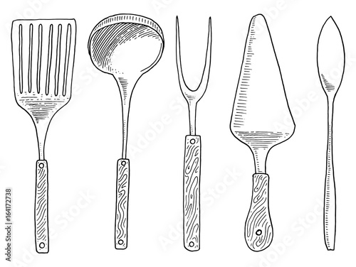 spatula for hot, caviar and dessert, fork for herring or ladle. Chef and kitchen utensils, cooking stuff for menu decoration. engraved hand drawn in old sketch and vintage style.