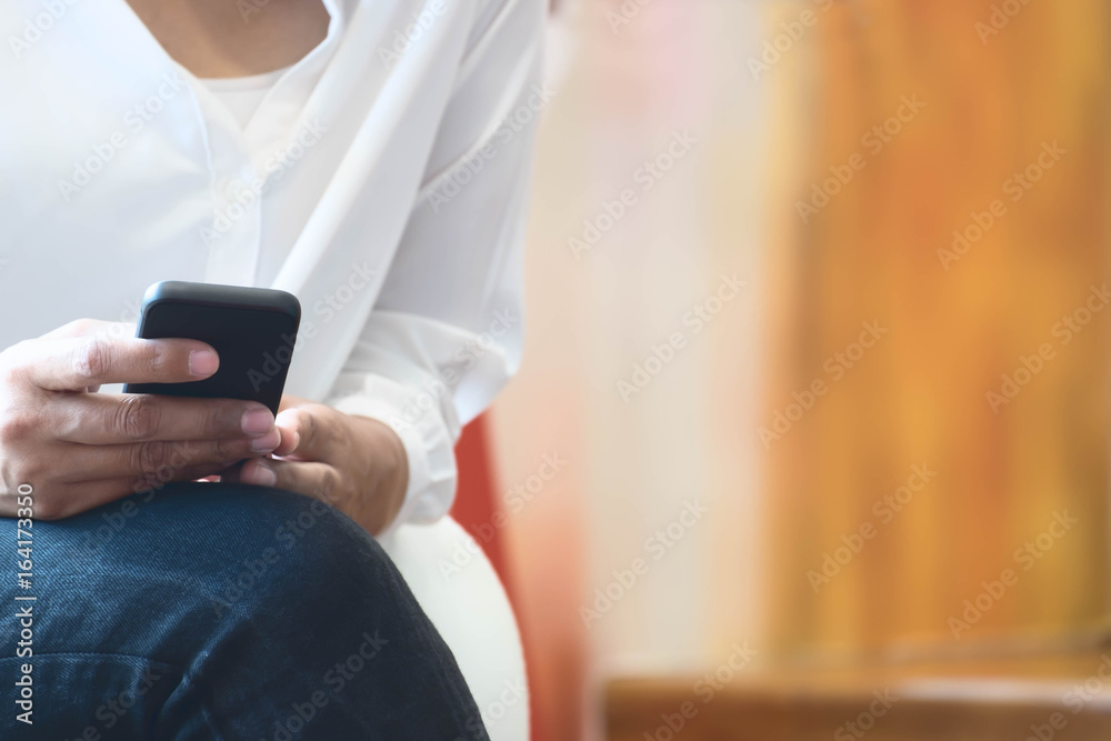 Woman Sitting on Sofa Using Smartphone, Beautiful Soft Light