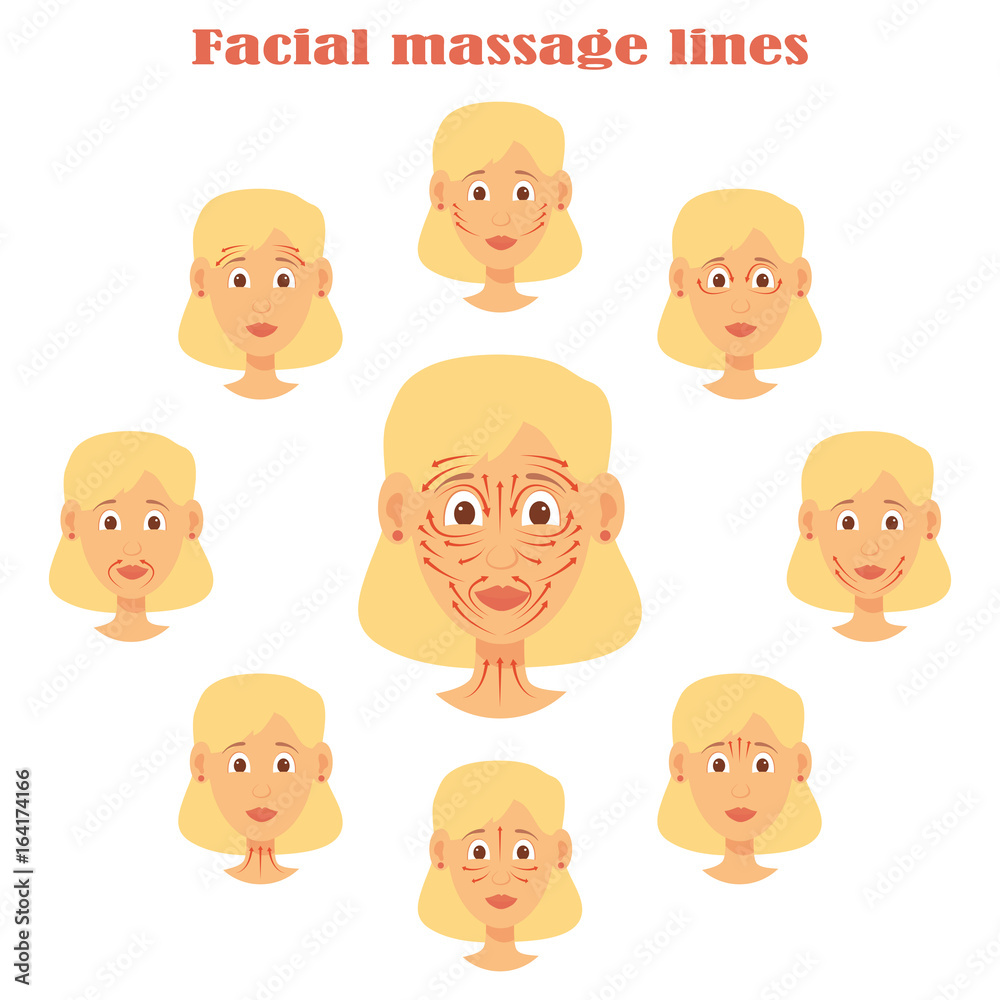 Face massage set of woman character isolated head images Face massage set of woman character isolated head images