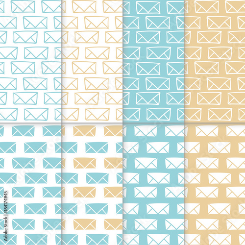 Seamless pattern set with hand drawn sketchy envelopes. Backround with doodled envelopes. Minimalistic backgrounds. Hand drawn seamless colorful patterns.