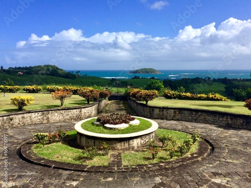 Beautiful day in Sainte-Marie on the Caribbean island of Martinique: green grass lawn, coconut palm trees, sunshine, blue sky with white clouds, ocean in the background