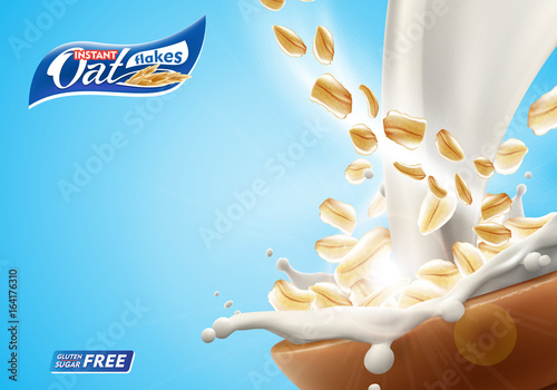 Oat flakes in big milk splash advertising flyer vector illustration. High quality art for ads broshure, poster or label design