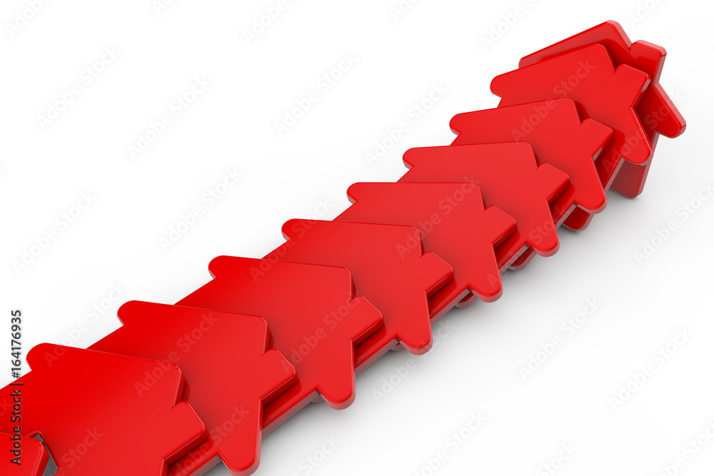 A row of red houses falling like dominos. Housing problem concept. 3D Rendering A row of red houses falling like dominos. Housing problem concept. 3D Rendering