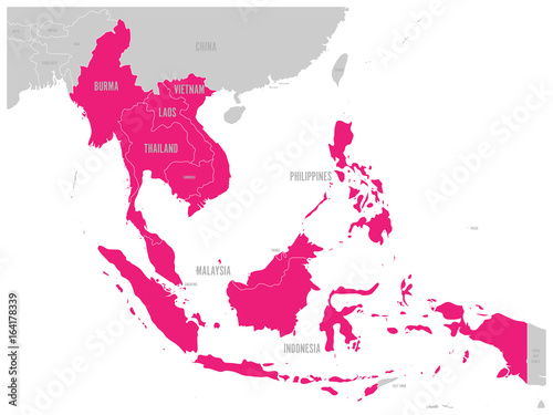 ASEAN Economic Community, AEC, map. Grey map with pink highlighted member countries, Southeast Asia. Vector illustration. photo