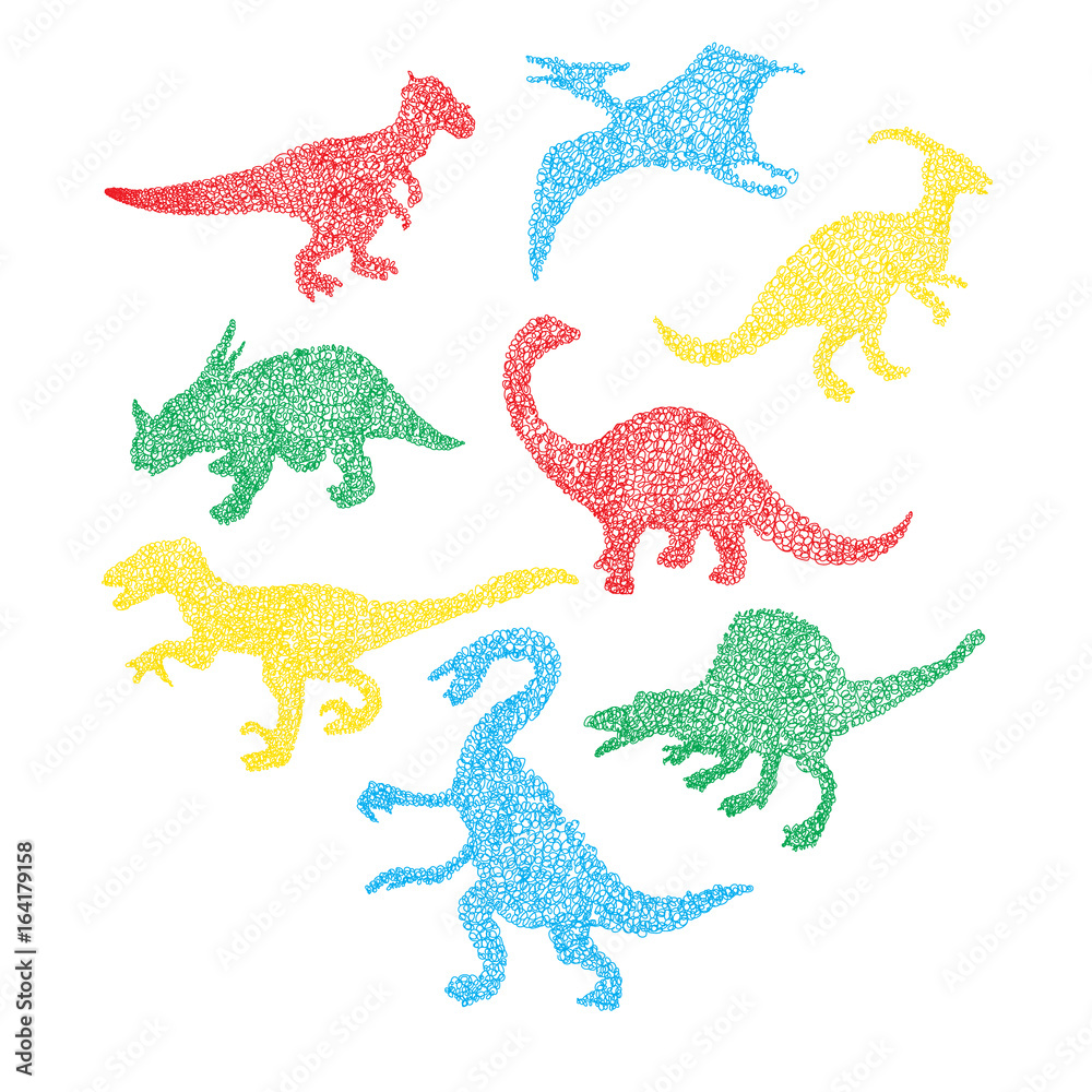 Cute colorful different dinosaur silhouette in cartoon scribble style Cute colorful different dinosaur silhouette in cartoon scribble style