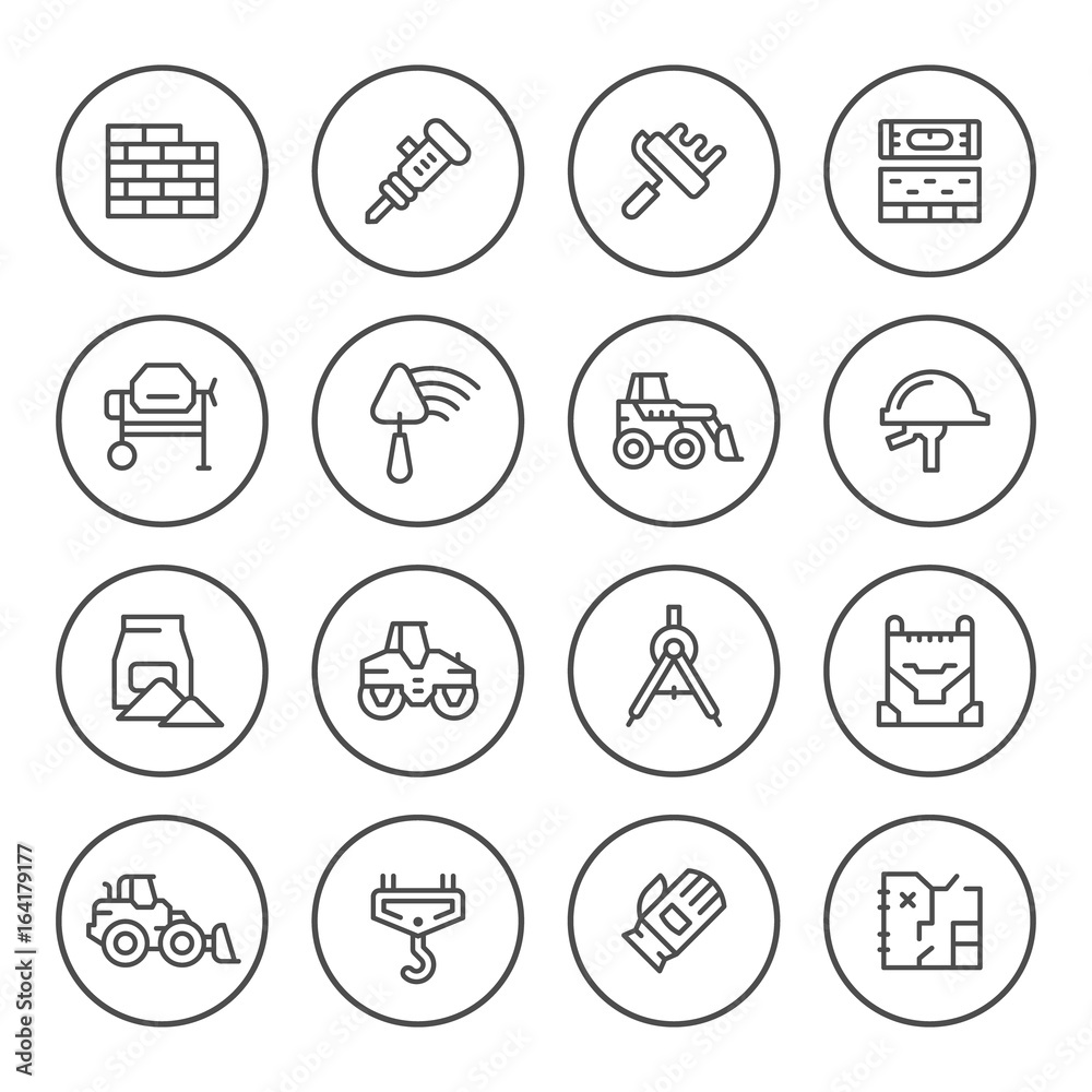 Set round line icons of constructing industry