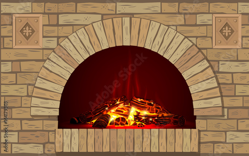 An ancient brick hearth with fire. Brick arch with fireplace or stove