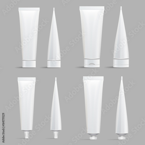 Cosmetic Tube Set. Vector Mock Up. Cosmetic, Cream, Shampoo, Tooth Paste, Glue White Plastic Tubes Set Packaging Realistic Illustration. Isolated
