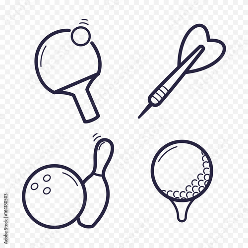 Games linear icons. Ping-pong, golf, bowling, darts leisure activities. Gambling, sport game line icon.