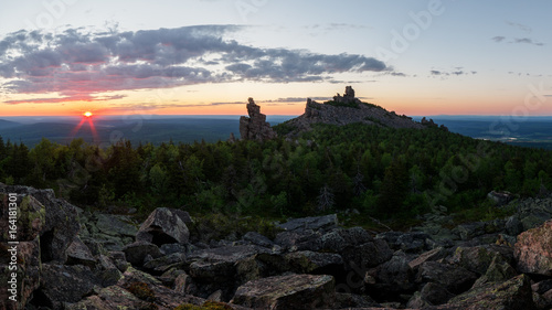 View on old mountains. Ural. Evening landscape