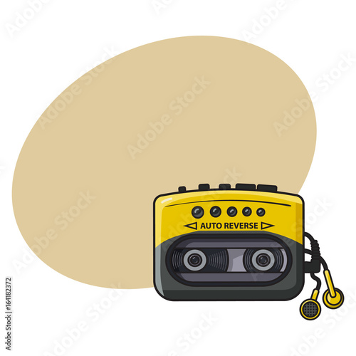 Old fashioned, retro black and yellow audio player, walkman from 90s, sketch vector illustration with space for text. Front view of hand drawn audio player, walkman with ear buds, head phones