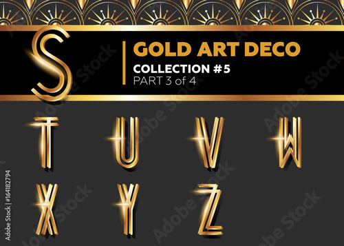 Vector Art Deco 3D Font. Shining Gold Retro Alphabet.