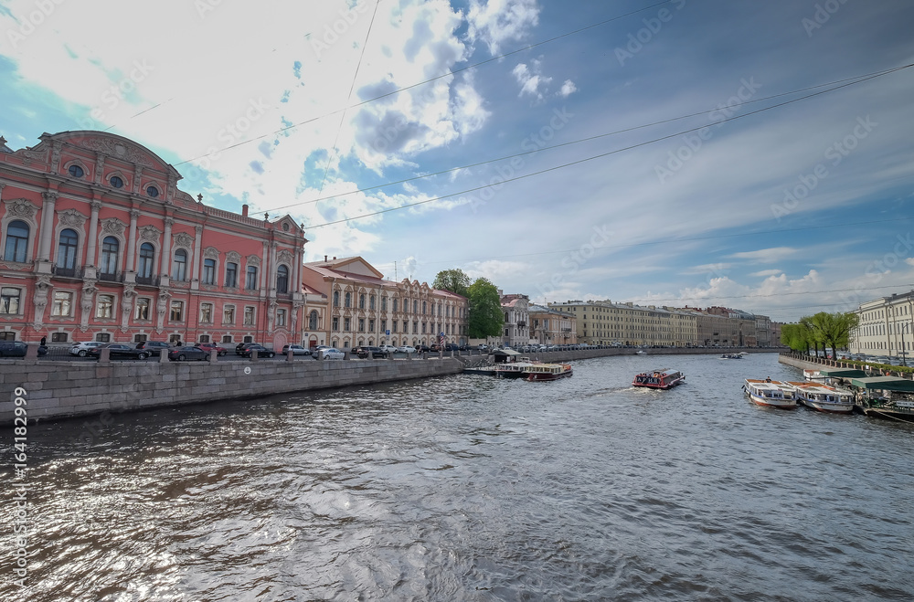 River channel with boats in Saint-Petersburg RUSSIA