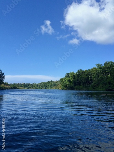 Bamboo rafting on the beautiful tropical Rio Grande river in the sunny Portland Parish of the island of Jamaica  Caribbean  on a summer day with cloudy blue sky