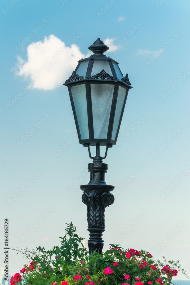 Vintage lamp post with flower bed close up