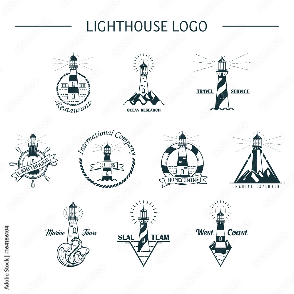 Set of isolated ocean or sea lighthouse