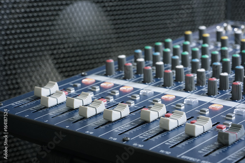Professional Music Mixer Console with dial knob and slide bar. Professional music recording equipment.