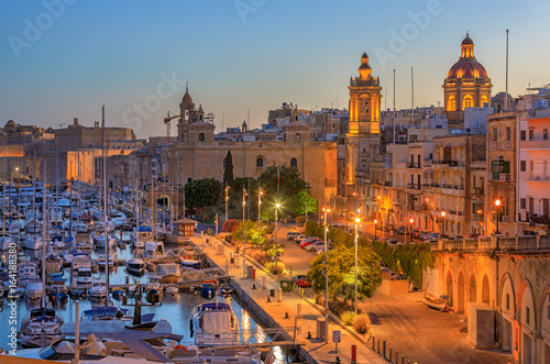 View to Grand Harbor from Birgu city in Malta at sunrise 