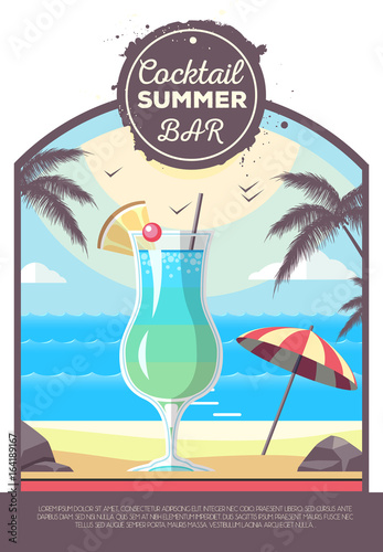 Flat style design of summer beach landscape with cocktail