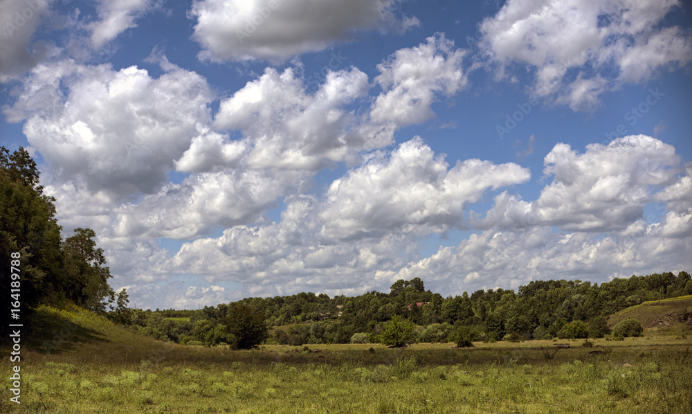 Floating in the blue sky, large clouds over the meadow.
