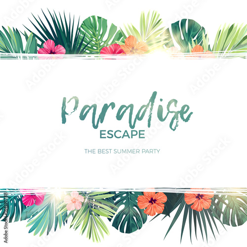 Green summer tropical background with exotic palm leaves and hibiscus flowers. Vector floral background.