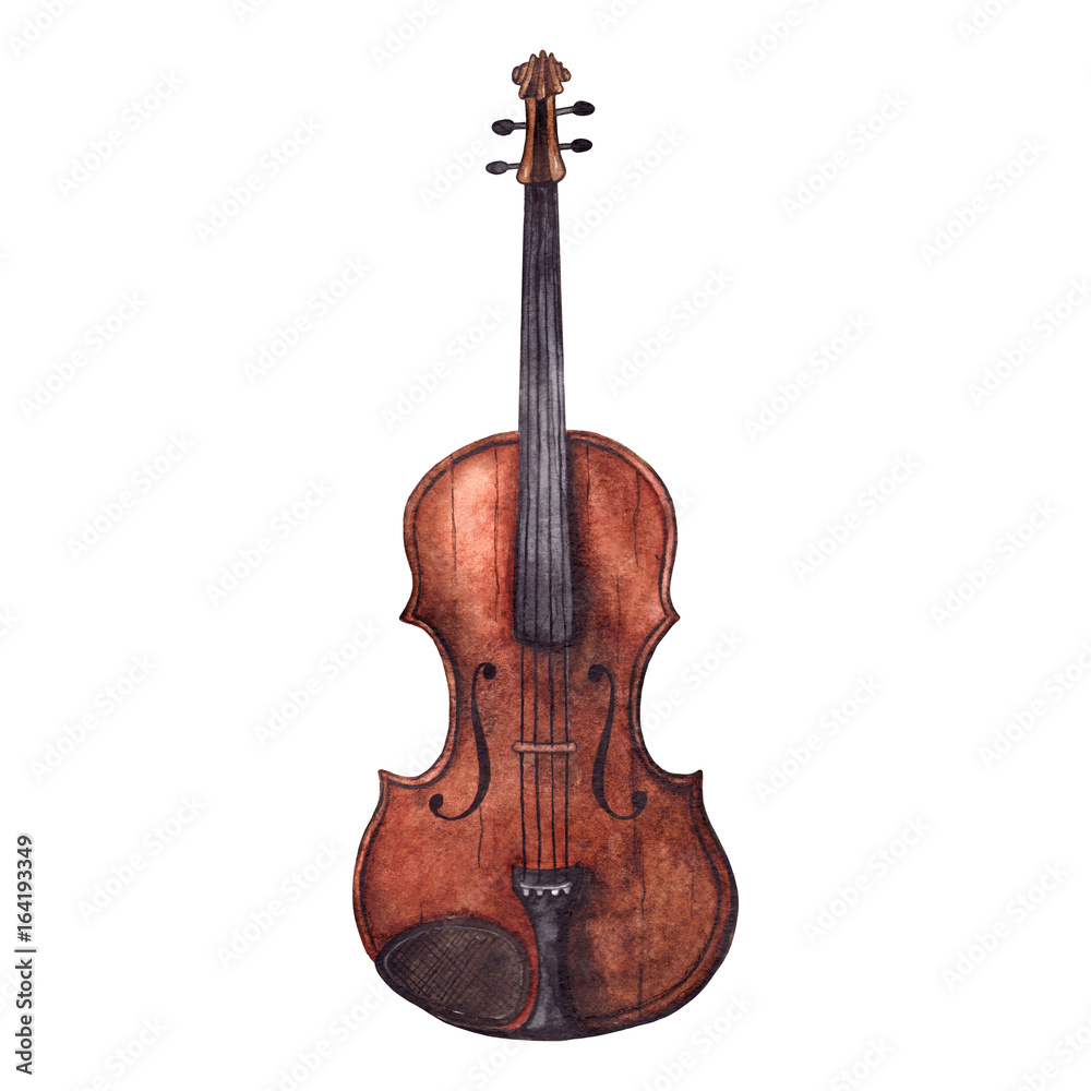 Fototapeta Akwarela skrzypce drewniane vintage skrzypce instrument muzyczny na białym tle