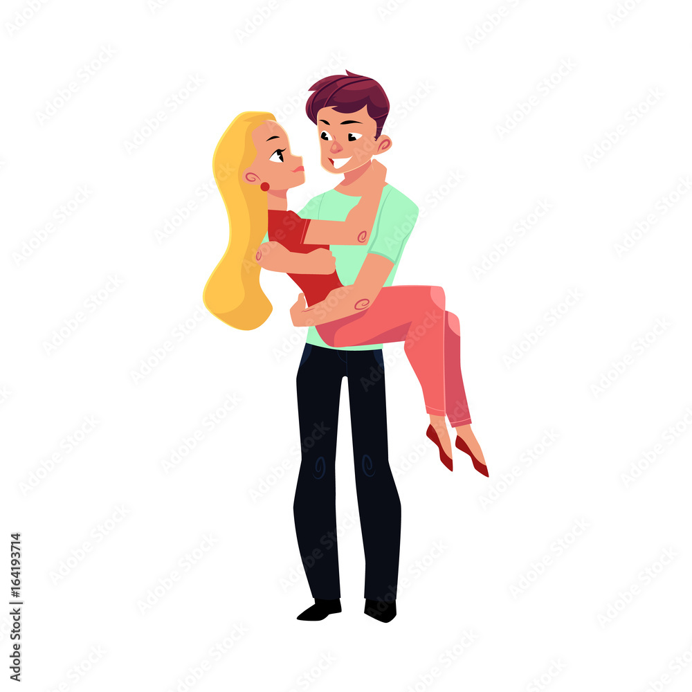 Happy loving couple, boyfriend, man holding, carrying his girlfriend in arms, cartoon vector illustration on white background. Full length portrait of loving, hugging couple Stock Vector | Adobe Stock Happy loving couple, boyfriend, man holding, carrying his girlfriend in arms, cartoon vector illustration on white background. Full length portrait of loving, hugging couple Stock Vector | Adobe Stock