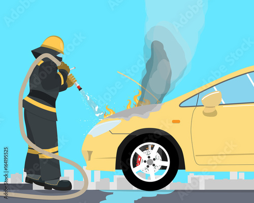 The fireman extinguishes a car that burned up from the short circuit of wiring. Vectorial illustration