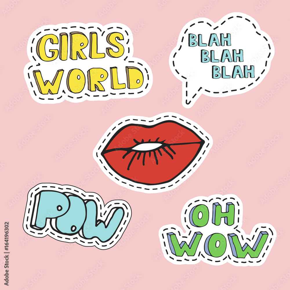Red girl lips and word elements in pop art style. Hand drawn vector illustration in patch style