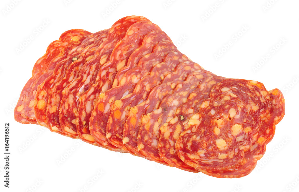 Italian Spianata Piccante salami meat slices isolated on a white background Italian Spianata Piccante salami meat slices isolated on a white background