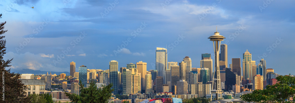 Helicopter over Seattle city