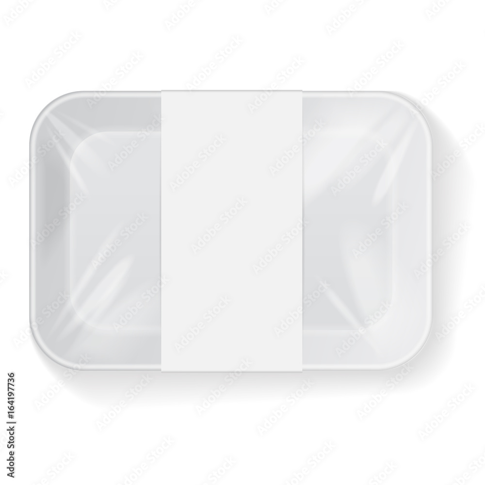 White Rectangle Blank Styrofoam Plastic Food Tray Container Wiith Label. Vector Mock Up Template White Rectangle Blank Styrofoam Plastic Food Tray Container Wiith Label. Vector Mock Up Template
