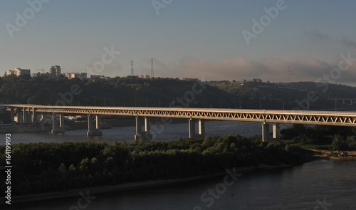 View of the metro bridge in Nizhny Novgorod at dawn.
