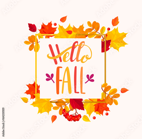 Hello Fall lettering in autumn leaves frame.