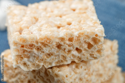 Photography Homemade bars of Marshmallow and crispy rice close-up