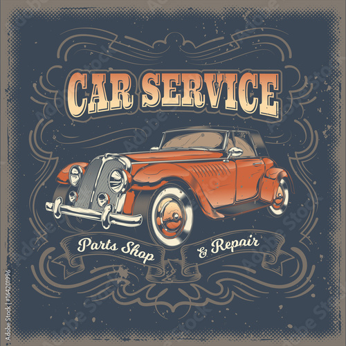 Vector vintage illustration, poster with of red retro car in engraving style. Template, design element for advertising retro car service center, spare parts shop and repair shop