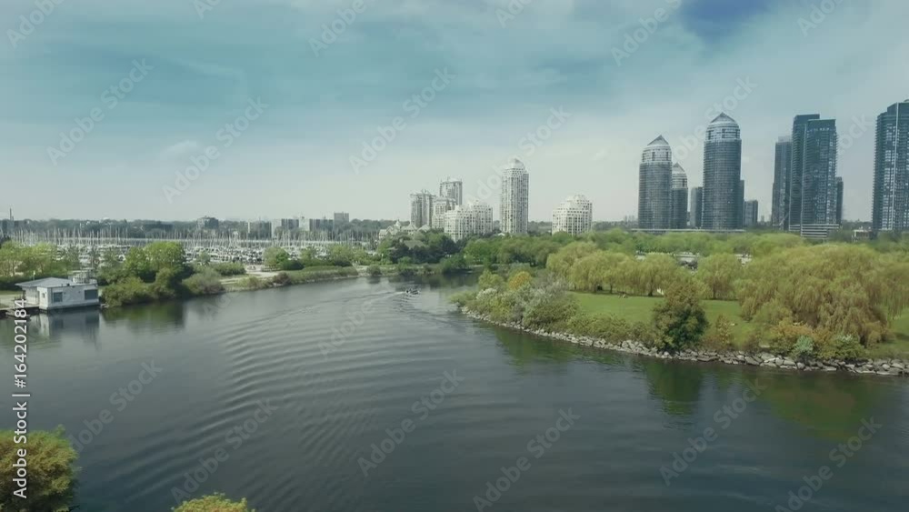 Aerial establishing shot of a residential / commercial area of a large metropolitan city 