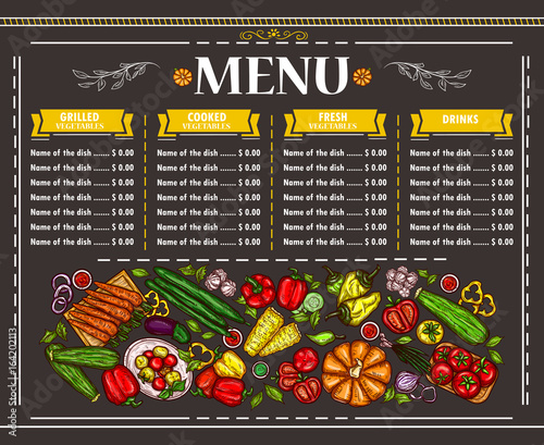 Vector illustration of a vegetarian restaurant menu design. Template, flyer, design element for menu with hand-drawn various vegetables