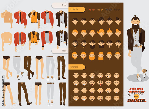 Vector constructor with handsome male character with spare body parts, changable heads, emotions on face, hairstyle and beard type. Hand drawn working guy creation collection.