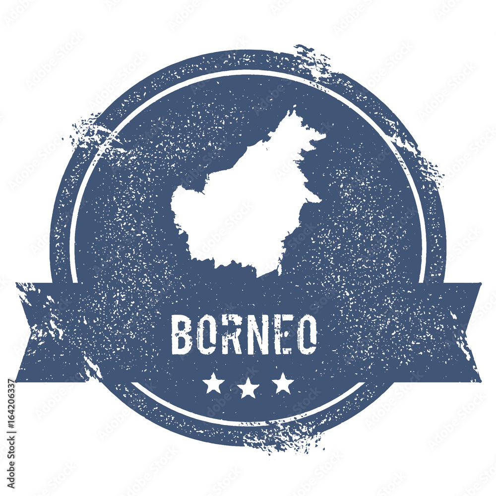 Borneo logo sign. Travel rubber stamp with the name and map of island